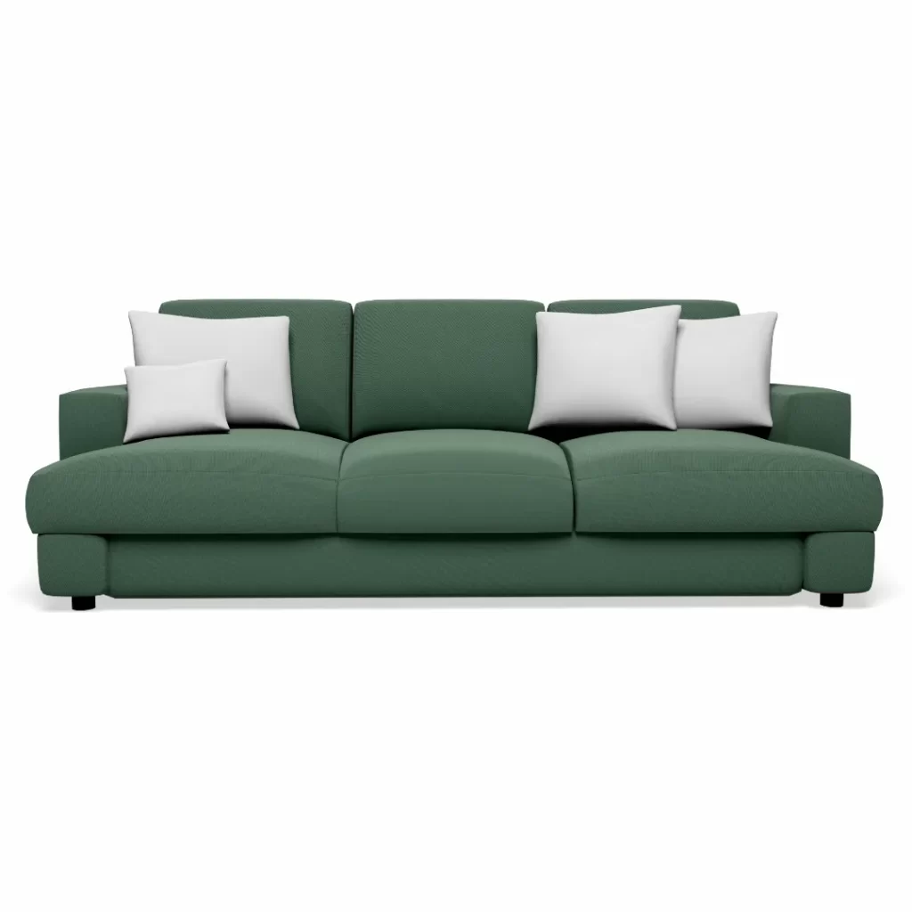 Sofa verde con almohadones blancos